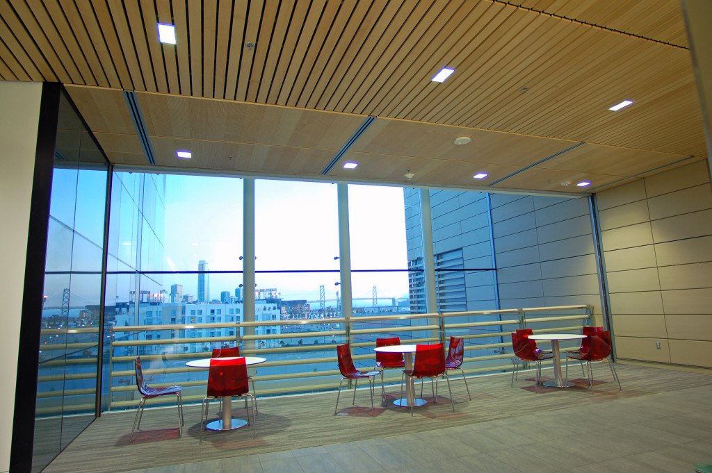 Timber slatted ceiling over a glazed circulation area with small tables and red chairs along the window.