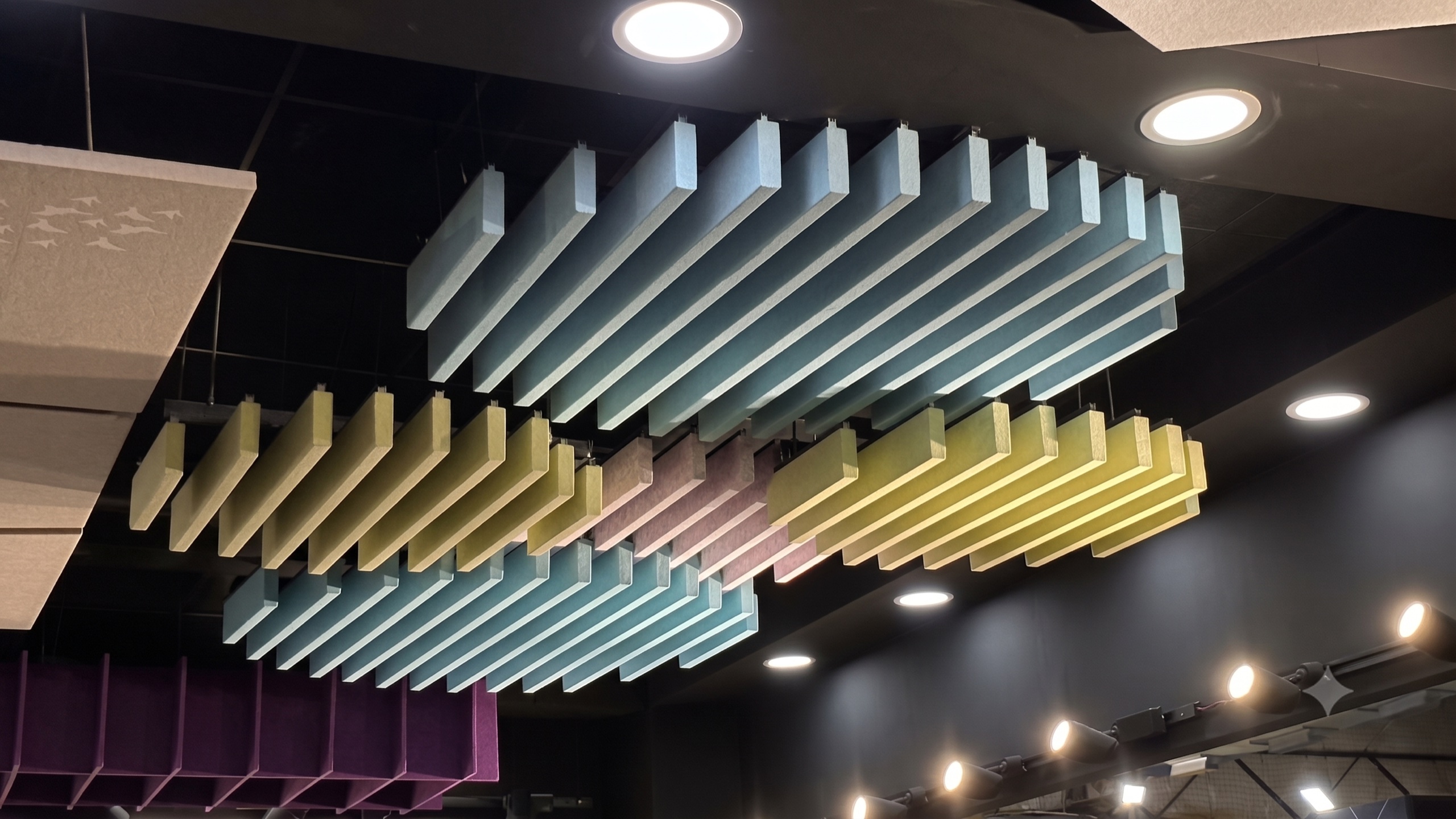 Coloured acoustic baffles over a hall