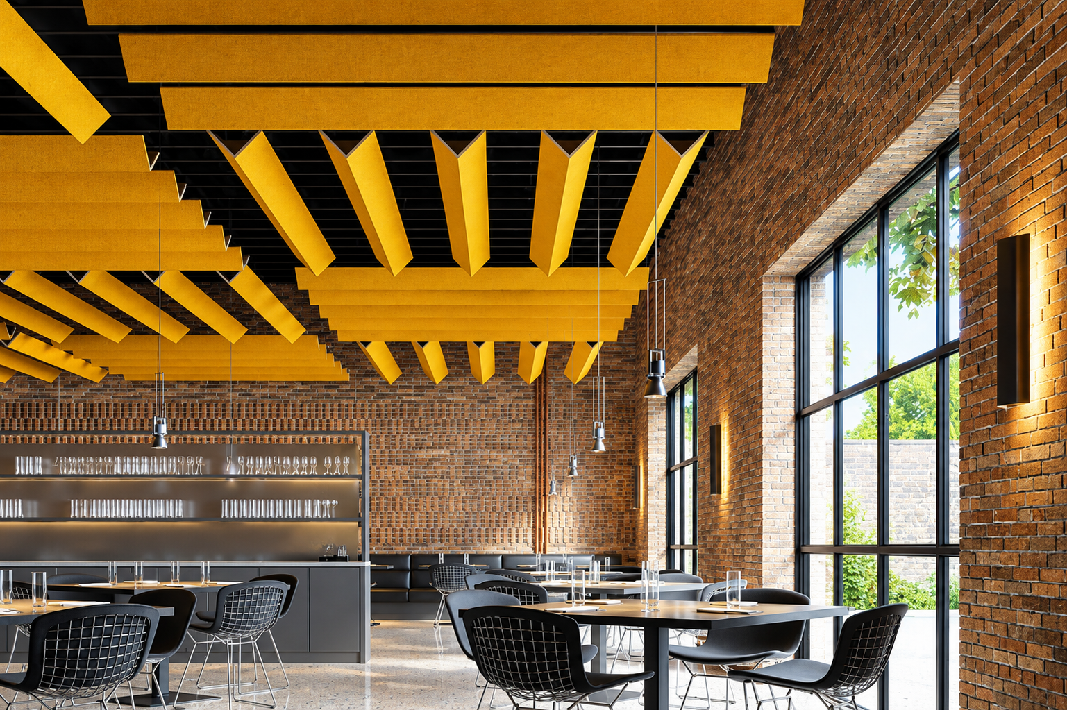 Café with amber acoustic baffles over the seating